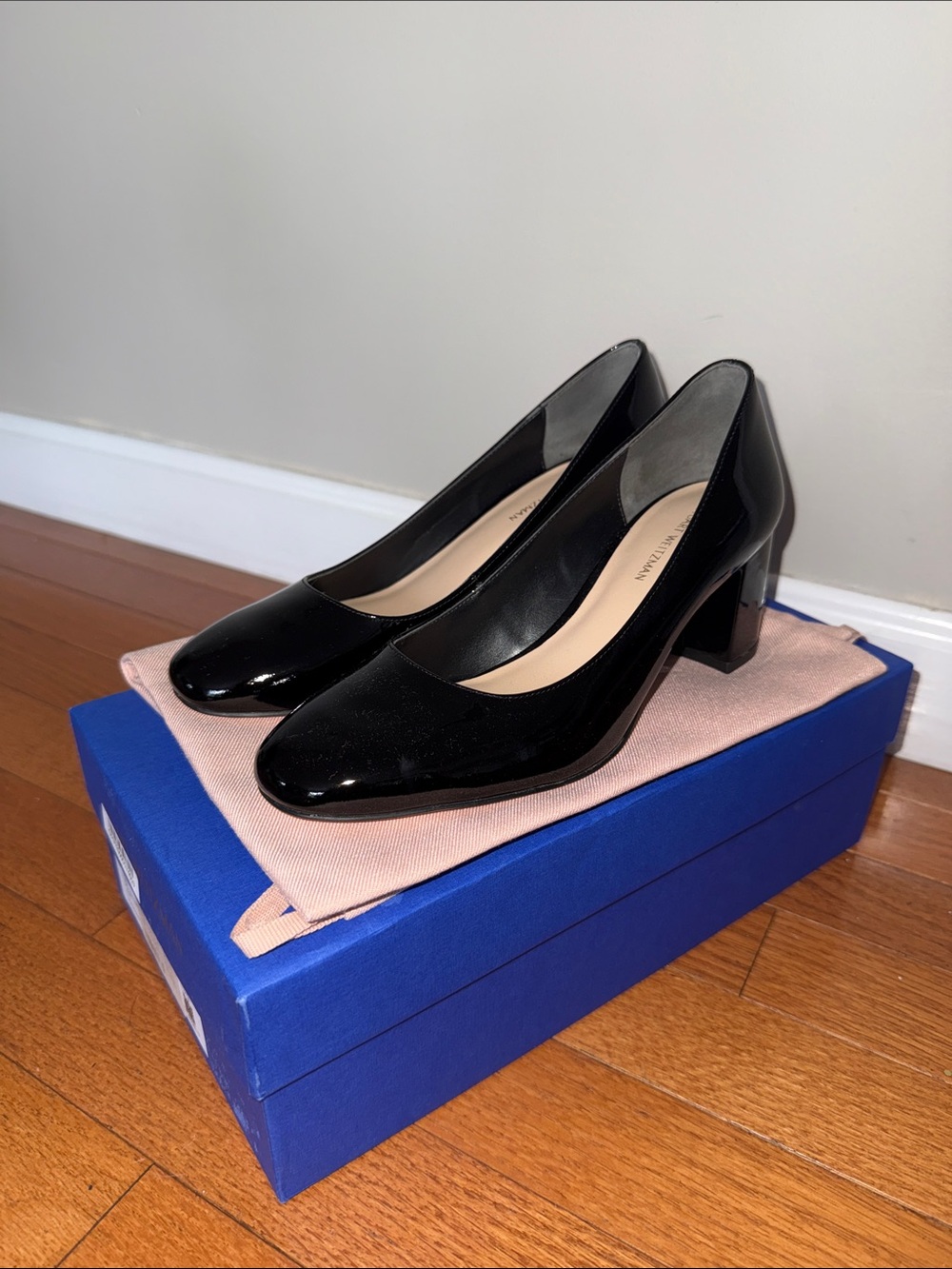 Stuart Weitzman Black Patent Mid-Block Heel Pumps